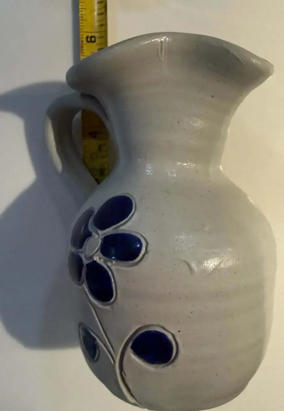 Vintage Williamsburg Pottery Salt-Glazed Stoneware Pitcher with Cobalt Blue Flor